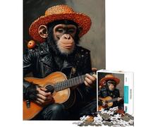 Puzzle per ragazzi da 1000 pezzi: Scimpanzé chitarrista con cappello di paglia Puzzle per adulti: gioco rompicapo ideale per passare il tempo durante le vacanze compleanni