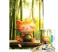 Puzzle per ragazzi da 1000 pezzi simpatico gatto con il tè nella foresta di bambù Giocattolo educativo per l'apprendimento gioco pratico di analisi e logica Idee regalo (dimensioni 38x52cm)