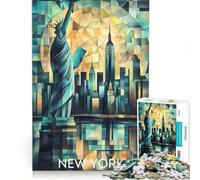 Puzzle per ragazzi da 1000 pezzi, skyline cubista di New York con Statua della Libertà, giocattolo educativo, migliora la memoria, con poster e foglio di curiosità abbinati 38x26cm