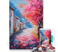 Puzzle per ragazzi da 1000 pezzi: strada acciottolata con albero in fiore, gioco fai-da-te, migliora la memoria, con poster e foglio di curiosità abbinati 38x26cm
