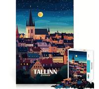 Puzzle per ragazzi da 1000 pezzi, Tallinn, Estonia, paesaggio urbano notturno, ritaglio preciso, decorazione, giocattolo creativo e divertente, gioco di pace, pezzo d'arte natalizio (38x52cm)