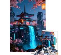 Puzzle per ragazzi da 1000 pezzi tempio giapponese cyberpunk con cascata gioco rompicapo educativo sfida regalo di compleanno adatto alle coppie (dimensioni 38x52cm)