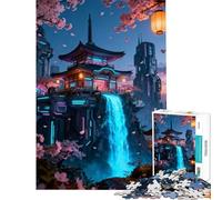 Puzzle per ragazzi da 1000 pezzi tempio giapponese cyberpunk con cascata gioco rompicapo educativo sfida regalo di compleanno adatto alle coppie (dimensioni 38x26cm)