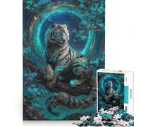 Puzzle per ragazzi da 1000 pezzi: Tigre Bianca Mistica nella Foresta Turchese Giocattolo fai da te Migliora la memoria con poster e foglio di curiosità abbinati 38x26cm