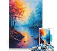Puzzle per ragazzi da 1000 pezzi, tramonto autunnale sul fiume, gioco pratico, ideale per passare il tempo durante le vacanze, con poster abbinato e foglio di curiosità, 38x52cm