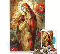 Puzzle per ragazzi da 1000 pezzi: Vergine Maria in vetro colorato con rose gioco interattivo ideale per passare il tempo durante le vacanze con poster e foglio di curiosità abbinati 38x52cm
