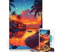 Puzzle per ragazzi da 1000 pezzi, villaggio al tramonto tropicale, taglio preciso, divertimento, risoluzione di problemi, relax, divertimento, esposizione artistica natalizia (50x75cm)