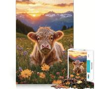 Puzzle per ragazzi da 1000 pezzi vitello tra i fiori selvatici al tramonto,bordo perfetto,divertente gioco di logica,regalo,accogliente e divertente,decorazione natalizia da parete (38x52cm)