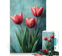 Puzzle per ragazzi "Tulipani rosa su sfondo verde acqua", 1000 pezzi, rompicapo rilassante, assemblaggio immagini, regalo speciale (50x75cm)