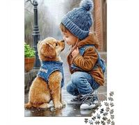 Puzzle per Tutta la Famiglia Bambino e Cucciolo sotto la Pioggia: Ragazzo che Accarezza il Cucciolo per Donne, Regali per Uomini Adulti e Ragazzi 70x50cm/1000 pezzi
