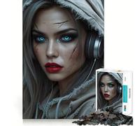 Puzzle post-apocalittico con donna dagli occhi azzurri e cuffie, 1000 pezzi, gioco di logica, hobby silenzioso, taglio perfetto, regalo elegante (38x26cm)