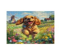 Puzzle primaverile a forma di cane Cocker Spaniel americano, per adulti, 300 pezzi, puzzle in legno con cuccioli da giardino di campagna, decorazioni divertenti con motivo floreale per animali