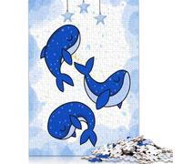 Puzzle quadrati creativi da 1000 pezzi con illustrazioni di balene blu carine e stelle per adulti e puzzle in legno, gioco impegnativo 1000 pezzi (75x50 cm)