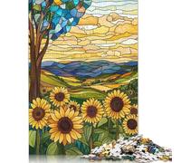 Puzzle quadrati da 500 pezzi con campo di girasoli in vetro colorato per adulti e puzzle in legno per bambini, regali di Natale 500 pezzi (52x38 cm)