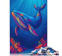 Puzzle quadrati Pop Art da 500 pezzi con balena colorata nel mare blu profondo per adulti, puzzle in legno per l'intrattenimento della famiglia, 500 pezzi (52x38 cm)