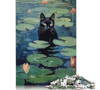Puzzle quadrato da 1000 pezzi con gatto nero tra le ninfee per adulti, puzzle in legno, gioco pratico da 1000 pezzi (75x50 cm)