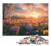 Puzzle quadrato da 1000 pezzi con uova di Pasqua in un campo di fiori per adulti, puzzle in legno, giochi di sfida unici, 1000 pezzi (75x50 cm)