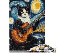 Puzzle quadrato da 1000 pezzi "Gatto che suona la chitarra nella notte stellata" per adulti, puzzle di carta, decorazione da parete, regali di Natale, 38x26 cm/1000 pezzi