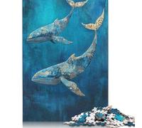 Puzzle quadrato da 1000 pezzi "Majestic Whales of Gold" - Due balene in blu per adulti, puzzle in legno, giochi di sfida unici, 1000 pezzi (75x50 cm)