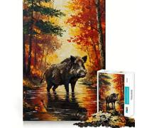 Puzzle raffigurante un cinghiale in una foresta autunnale,1000 pezzi,stimolante per la mente,divertente,senza sbavature,pezzi ben tagliati,ideale per le vacanze e l'intrattenimento in casa (38x26cm)
