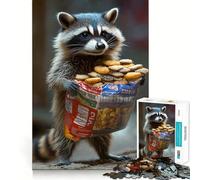 Puzzle raffigurante un procione che tiene degli snack, per ragazzi, 1000 pezzi, con un'immagine di un'opera d'arte da collezione (38x52cm)