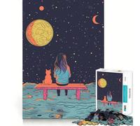 Puzzle "Ragazza che guarda le stelle con gatto" per adolescenti, 1000 pezzi, per rafforzare la memoria, senza stress, con bordi lisci, regalo di Natale 38x26cm