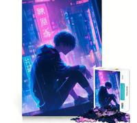 Puzzle "Ragazzo Anime in Città al Neon" da 1000 pezzi,divertente da giocare,senza sbavature,con pezzi ben tagliati,portatile e adatto ai viaggi (50x75cm)