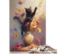 Puzzle rettangolare con gatto nero e fiori che saltano, 100% carta riciclata, per adulti e bambini, regalo di Natale, 1000 pezzi (26x38 cm)