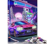 Puzzle rettangolare con skyline di una città al neon e auto sportiva, 100% in cartone riciclato, ideale come regalo per bambini adulti, 1000 pezzi (75x50 cm)