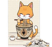 Puzzle rettangolare di carta con simpatico gatto che mangia ramen, per bambini adulti, regali di Natale, 1000 pezzi (75x50 cm)