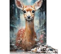 Puzzle rettangolare in cartone riciclato al 100% con cervo nella foresta invernale, 1000 pezzi (75x50 cm) per regali per adulti e bambini.