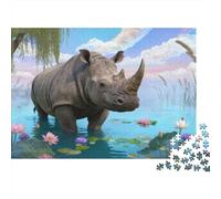 Puzzle Rhinoceros 1000 Pezzi Per Bambini E Adulti, Gioco Di Squadra, Difficile Sfida Puzzles Con Lotus Flower, Idea Regalo 38x26cm/1000pcs