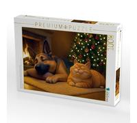 Puzzle, rilassamento natalizio, cane pastore e gatto sul camino | 1000 pezzi. Dimensioni da aperto: 64 x 48 cm. Puzzle CALVENDO