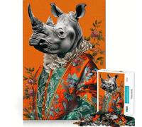Puzzle rococò con rinoceronte su sfondo arancione per ragazzi, 1000 pezzi, gioco di abilità mentale, svago leggero, design da assemblare, regalo di alta qualità (38x52cm)