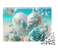 Puzzle romantico a forma di cuore da 1000 pezzi con fiori turchesi a forma di cuore per adulti, gioco educativo, decorazione per la casa, sfida di alta difficoltà, regalo di compleanno 38x26cm