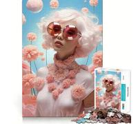 Puzzle rosa con ritratto di adolescente alla moda e fiori, 1000 pezzi, rompicapo rilassante, immagine da assemblare, regalo affettuoso (38x26cm)