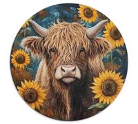 Puzzle rotondo 1000 pezzi Mucca delle Highlands, bordo di girasoli, splendido puzzle decorativo per adulti, giochi e regali, 1000 pezzi (67,5 x 67,5 cm)