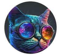 Puzzle rotondo da 1000 pezzi per adulti, motivo: gatto NERD al neon, puzzle impossibili per adulti, regalo per la casa, gioco rompicapo (67,5x67,5cm)