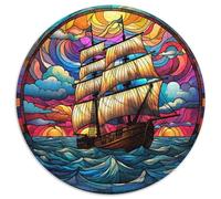 Puzzle rotondo in cartone con barca in vetro colorato da 1000 pezzi per adulti, design intricato per adolescenti, decorazioni fai da te e divertimento che stimola la mente 67,5x67,5 cm