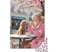 Puzzle Scena Caffè con Cane in Pezzi, Arte Fiori di Ciliegio Primaverili, 1000 Pezzi Carta Riciclata, Regali Uomini Donne, Gioco Educativo e Stimolante in Pezzi 38x26cm/1000pcs