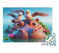 Puzzle Sfidanti per Adulti 1000 Pezzi Ippopotamo | Ippopotamo con Uccelli sulla Testa Attività Casalinga Divertente Decorazione per Pareti 38x26cm