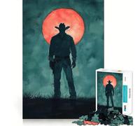 Puzzle Silhouette Cowboy sotto la Luna Rossa da 1000 pezzi per adolescenti, gioco che stimola la logica e favorisce il gioco rilassante, con bordi di alta qualità e design da collezione 50x75cm