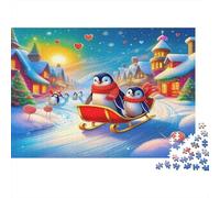 Puzzle Sostenibile 1000 Pezzi Pinguino Pinguini che Sleddano in Città Innevata Carta Riciclata per Adulti | Regalo per Famiglie 70x50cm/1000pz