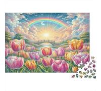Puzzle sostenibile per uomini e donne da 1000 pezzi con tulipani tulipani sotto l'arco baleno decorazione per la casa regalo 70x50cm