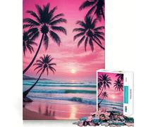 Puzzle "Spiaggia al tramonto rosa con palme" per adolescenti, 1000 pezzi, gioco per allenare la mente, design rilassante, assemblaggio, sorpresa di Natale (50x75cm)