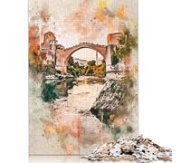 Puzzle Stari Most in acquerello per adulti e adolescenti, 1000 pezzi, gioco educativo per adulti, sfida giocattolo, 1000 pezzi (75x50 cm)