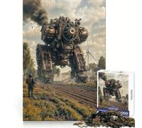 Puzzle Steampunk con robot in un paesaggio rurale, 1000 pezzi, gioco di logica fine, passatempo rilassante, bordo netto, pezzo da collezione 38x52cm