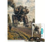 Puzzle Steampunk con robot in un paesaggio rurale, 1000 pezzi, gioco di logica fine, passatempo rilassante, bordo netto, pezzo da collezione 38x52cm