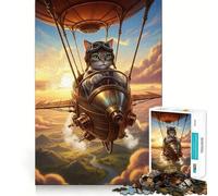 Puzzle Steampunk Gatto Pilota Dirigibile da 1000 pezzi per adolescenti Giocattolo intelligente per il pensiero creativo Divertimento pacifico Taglio preciso Regalo di Natale 38x26cm
