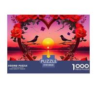 Puzzle stimolante e stimolante con fiori d'amore: cornice a forma di cuore con uccelli al tramonto per adulti e bambini dai 12 anni in su, 38x26 cm/1000 pezzi